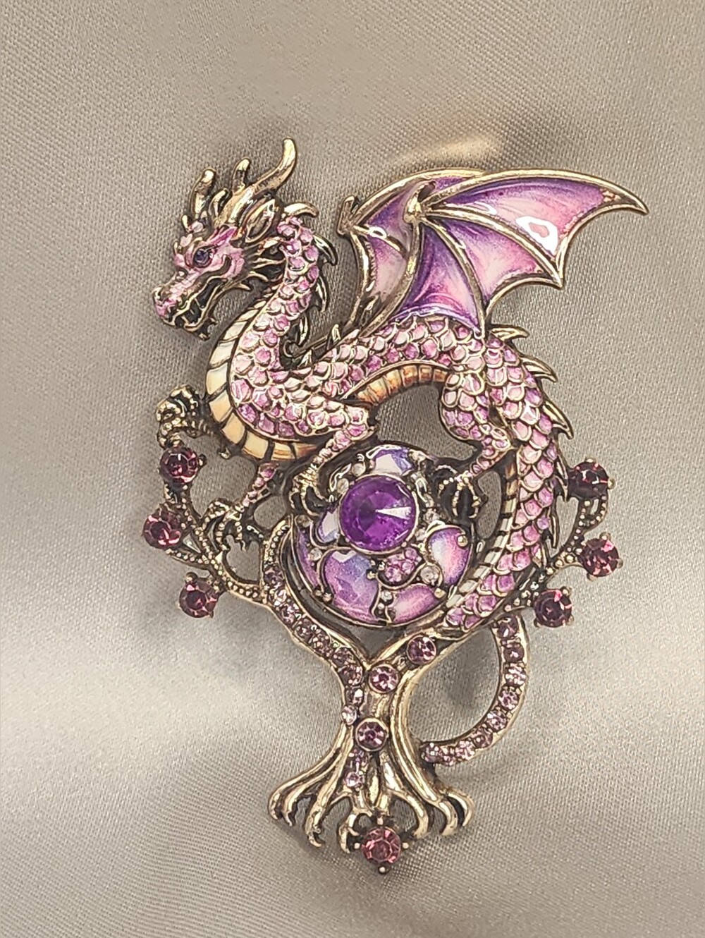 💜 Purple & Gold Dragon Enamel Rhinestone Brooch Pin ✨
